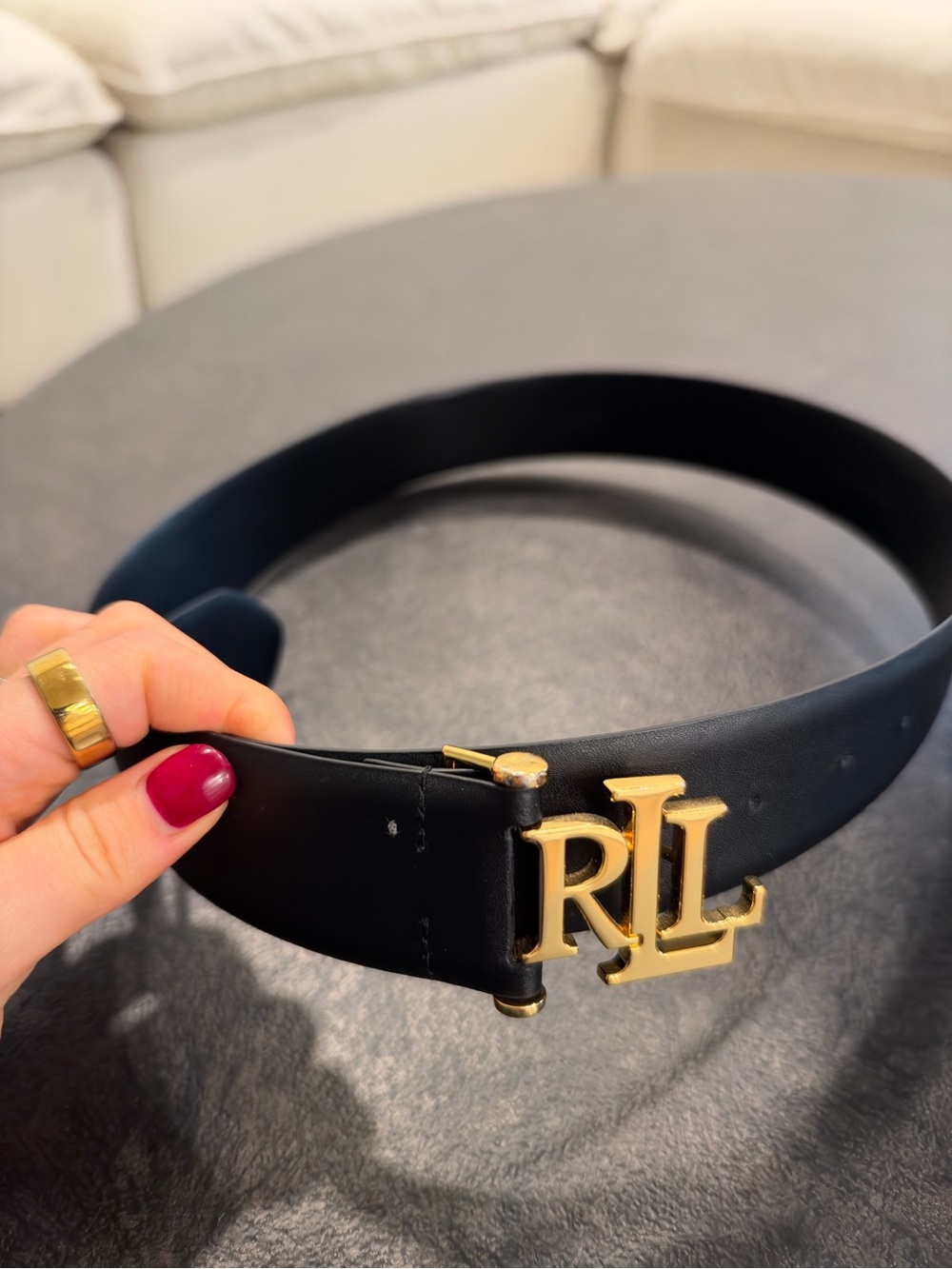 RL Gold-Logo Black Leather Women's Belt